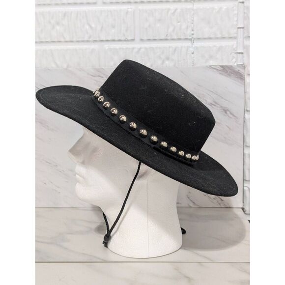 Top This Inc Men's Black 100% Wool Drawstring Broad Brim Silver Studded Hat - Picture 3 of 6